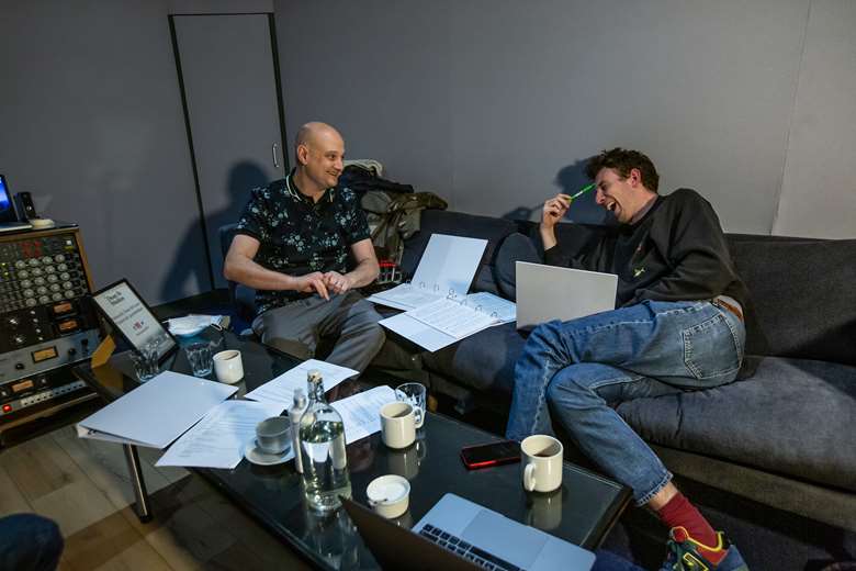Simon Pitts (co-writer of the book, left) and Theo Jamieson (composer, right) at Dean Street Studios