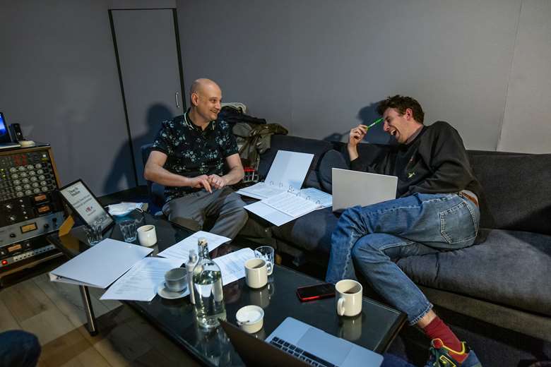 Simon Pitts (co-writer of the book, left) and Theo Jamieson (composer, right) at Dean Street Studios