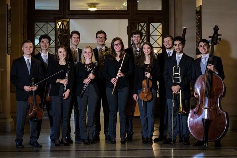 Students of the Vienna Philharmonic Orchestra Academy 2021 left to right: Jannis Hoesch, Lucas Takeshi Stratmann, Katharina Kratochwil, Robert Amadeo Sanders, Petra Liedauer, Thomas Johannes Steinwender, Theresia Prinz, Bence Temesvári, Sandra Seržā