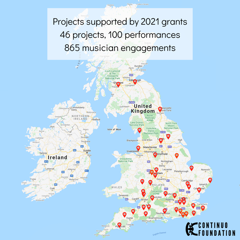 The above map shows where ensembles supported by Continuo Foundation's 2021 grants have given performances across the UK. 