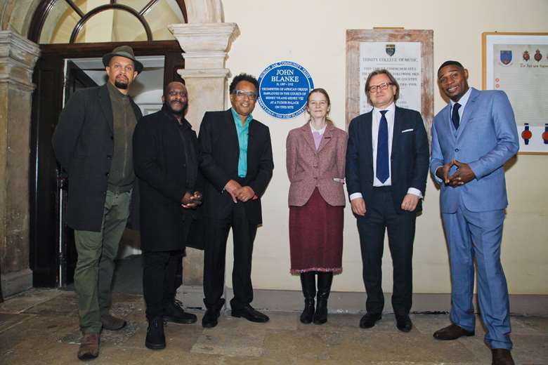L-R: Mark Thompson (poet & educator) Michael Ohajura (John Blanke Project national director) Jane Sidell (Historic England inspector of Ancient Monuments) David Bahanovich (TL assistant director of Music) Jak Beula (CEO of Nubian Jak Community Trust)