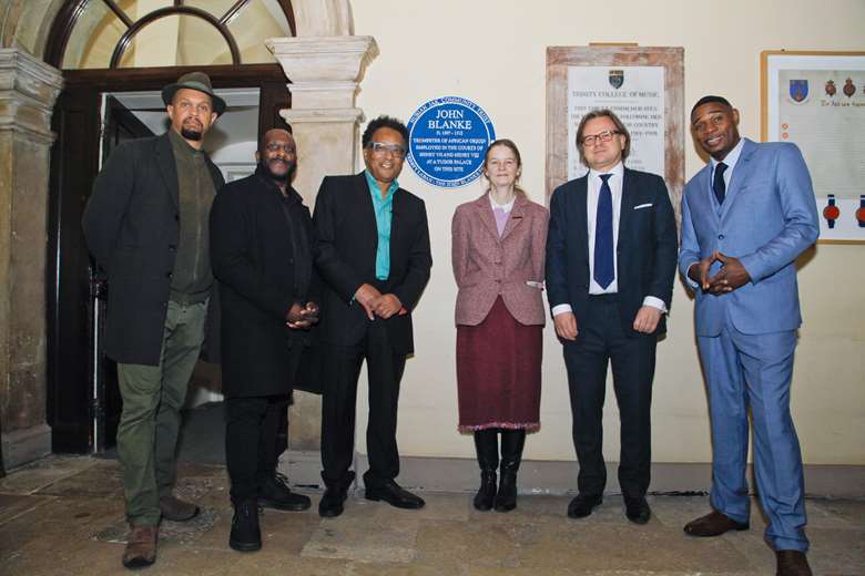 L-R: Mark Thompson (poet & educator) Michael Ohajura (John Blanke Project national director) Jane Sidell (Historic England inspector of Ancient Monuments) David Bahanovich (TL assistant director of Music) Jak Beula (CEO of Nubian Jak Community Trust)