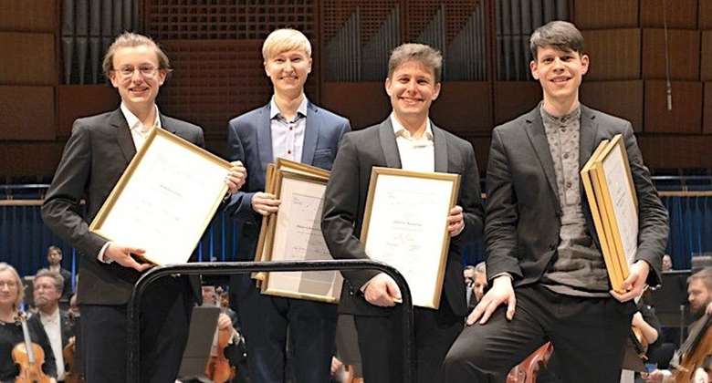 L-R: Violin Joint First Prize winners Bohdan Luts and Hans Christian Aavik, Flute First Prize winner Alberto Navarra and Clarinet First Prize winner Oleg Shebeta-Dragan ©Morten Kjærgaard 