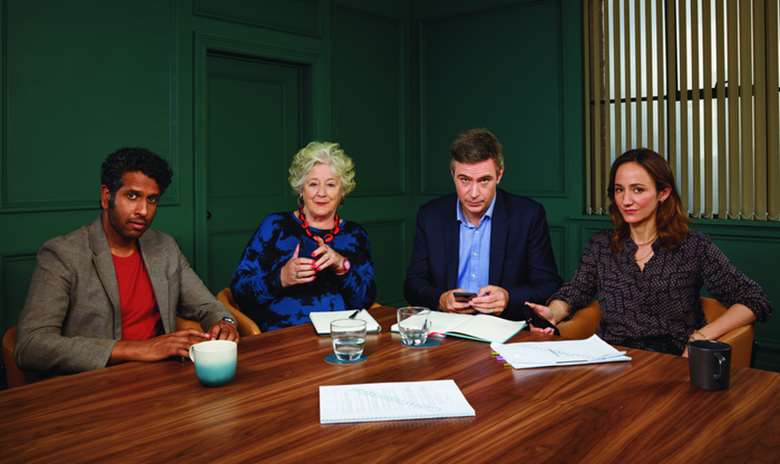 The cast of Amazon Prime's Ten Percent Left to Right: Prasanna Puwanarajah, Maggie Steed, and Jack Davenport, Lydia Leonard ©Rob Youngson