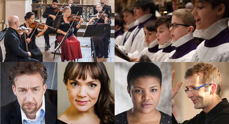 The oratorio will premiere on 14 July in a collaborative performance from (clockwise from top left) LMP, the Canterbury Cathedral Choir, conductor Michael Bawtree, actor Kudzanayi Chiwawa, mezzo soprano Rebecca Afowny-Jones and bass Julian Close