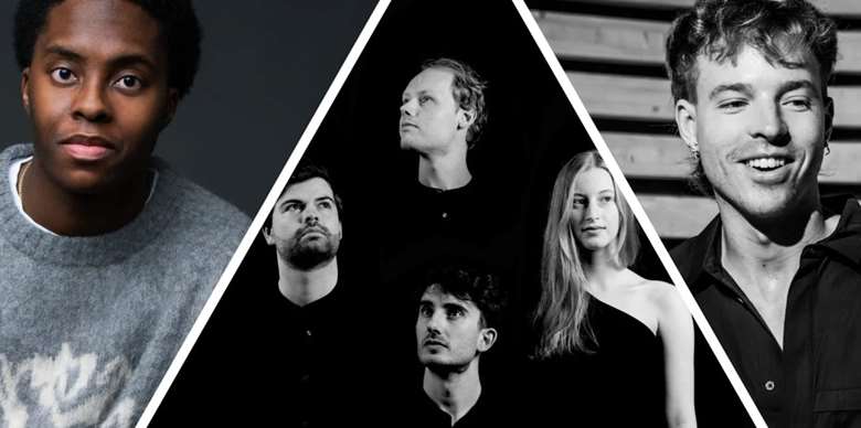 (L to R) Amiri Harewood (piano), the Fibonacci Quartet and James Morley (cello) have been named as YCAT's new artists for 2024 (Image courtesy of YCAT)