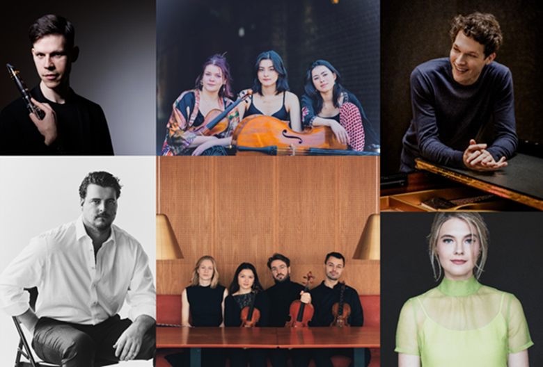 Top (L-R): Oleg Shebeta-Dragan, Astatine Trio and Lukas Sternath; Bottom (L-R): Andrew Hamilton, NOVO Quartet and Erika Baikoff (Images courtesy of the BBC)