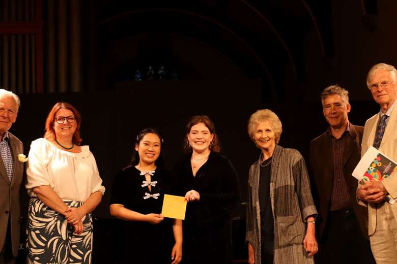 Left to right: Judge Sir Thomas Allen, Opera North general director and CEO Laura Canning, winners Jia Ning Ng (piano) and Rachel Munro (soprano) with judge Dame Jane Glover, and fellow judges (Image courtesy of the Northern Aldborough Festival)